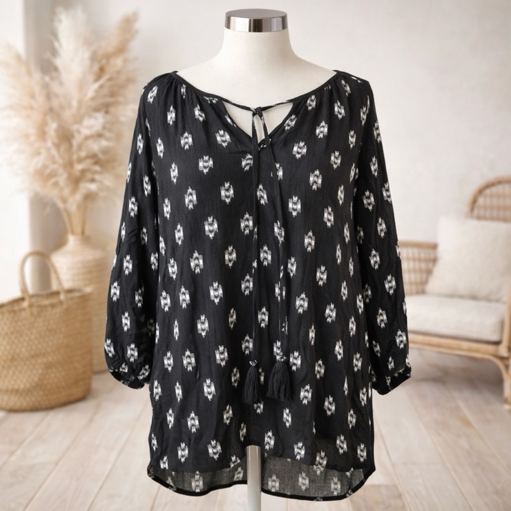 NY Collection Women's Black White Boho Loose Fit 3/4 Sleeve Tunic Tassels Sz Med